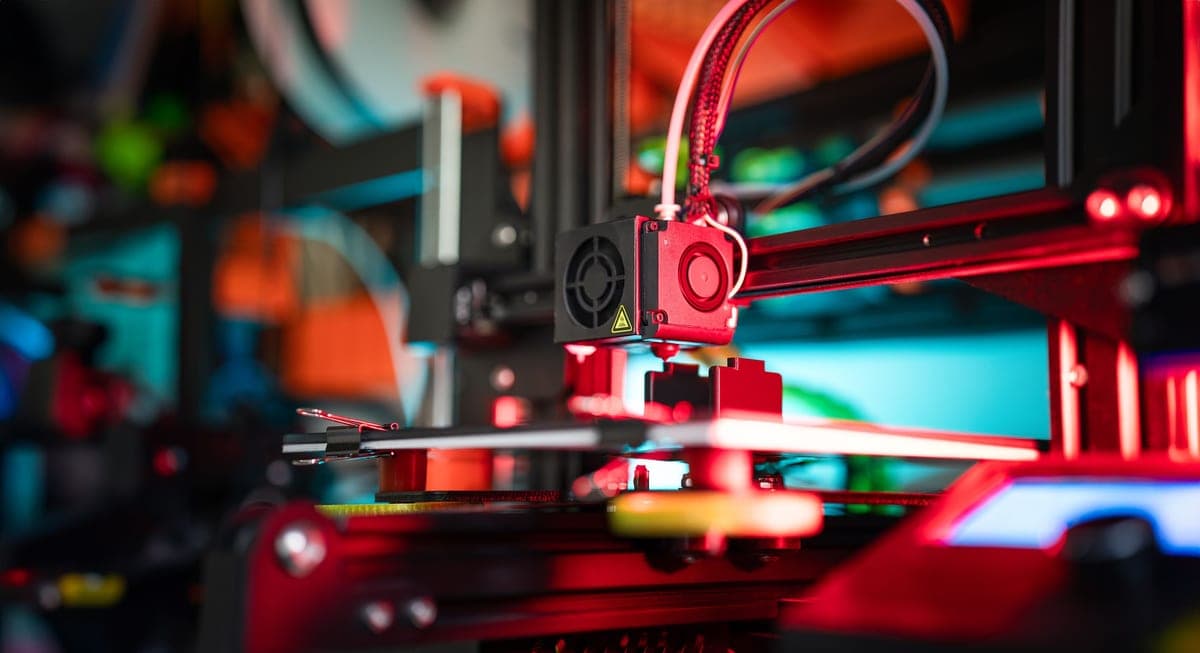 A mid-range 3D printer on a shelf beside finished prints in low light